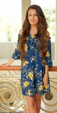 Navy Blue Lightweight Floral Off Shoulder Sun Dress S M Active Basic USA D2469