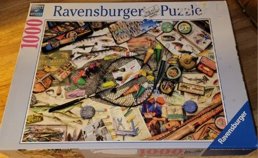 Ravensburger Fishing Fun 1000 pc Puzzle by Aimee Stewart Lures Tackle 27 x  20