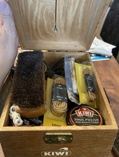 Vintage Kiwi Shoe Shine Valet Box Full w/Brushes polishes, Brushes Laces Etc.