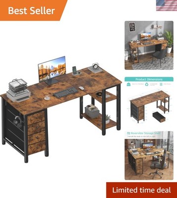 63 inch Computer Desk with 4 Fabric Drawers & Storage Shelves, Writing Work S...