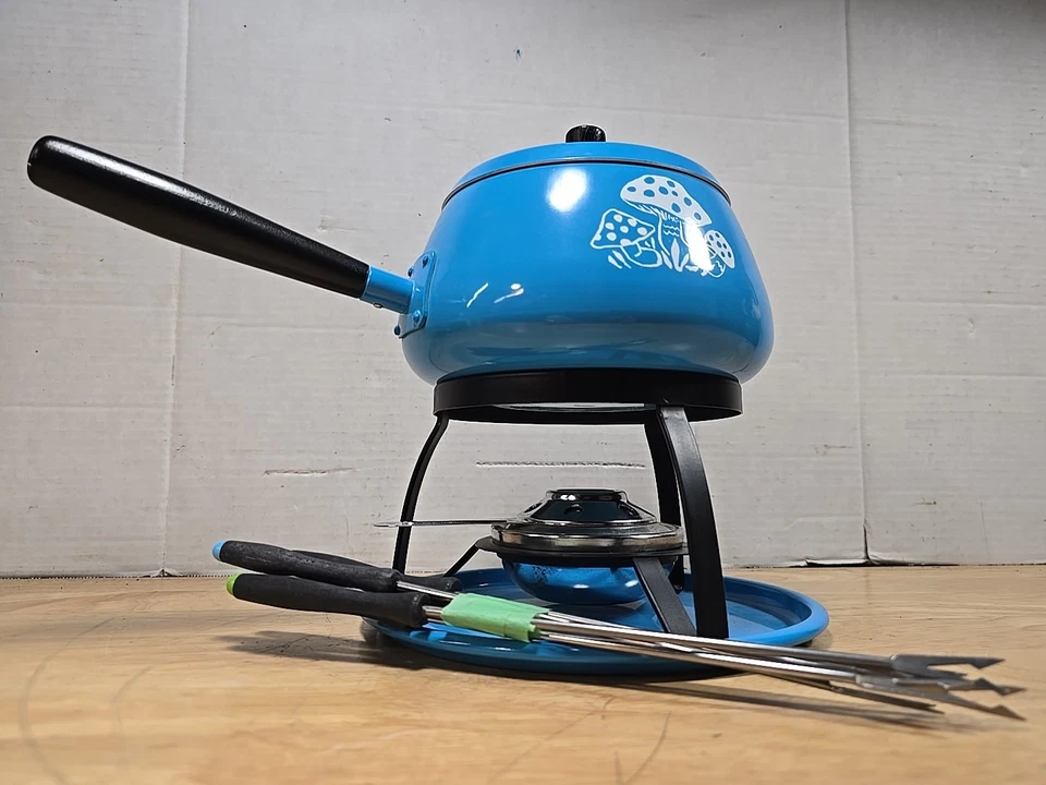 1970's Fondue Pot, Mid Century Modern Fondue Rare Mushrooms Design Blue lot - Image 4 of 4