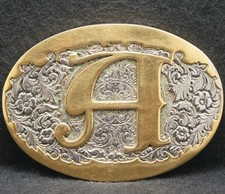 XF03142 VINTAGE 1970s  A  INITIAL LETTER FASHION 24K GOLD PLATED BELT BUCKLE