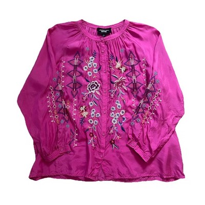 Johnny Was Workshop Hot Pink Fuchsia Embroidered Blouse Top Size Large