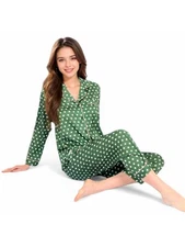Women's Polka Dot Satin Pajama Set With Ruffled Cuffs And Piping Detail