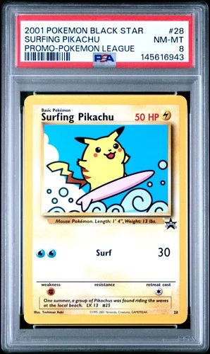 2001 POKEMON PROMO BLACK STAR POKEMON LEAGUE #28 SURFING PIKACHU PSA 8