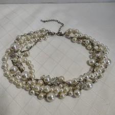 Multi-Strand Faux Pearl  Crystal Necklace 20" Silver Tone Wedding JEWELRY