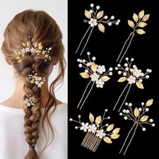 6PCS Gold Rhinestone  Pearl Hair Clips for Women - Vintage Bridal Wedding