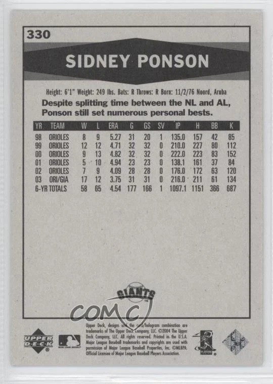 2004 Upper Deck Vintage Traded Sidney Ponson #330 - Image 2 of 2