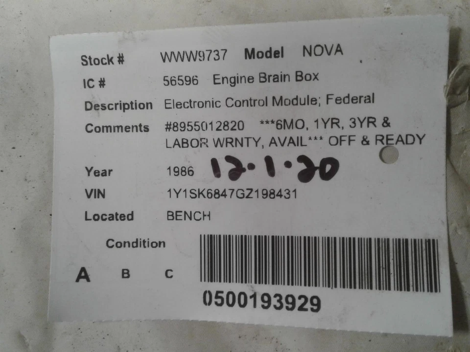 Used Engine Control Module (ECM) fits: 1986 Chevrolet Nova Electronic Control Mo - Image 3 of 4