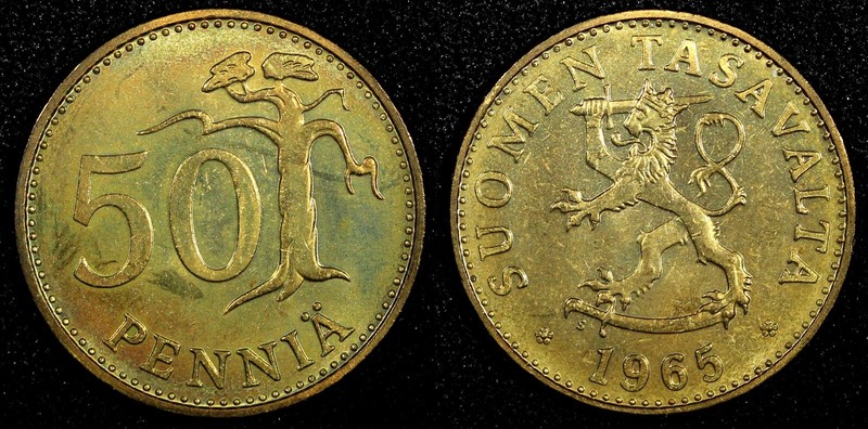Finland Aluminum-Bronze 1965 S 50 Pennia UNC/BU Toned KM# 48 (24 110)