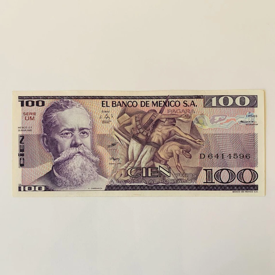 Billete mexicano de 100 pesos. Moneda colorida Revolución México 1982 UNC. Arte UV Foto 2 de 4