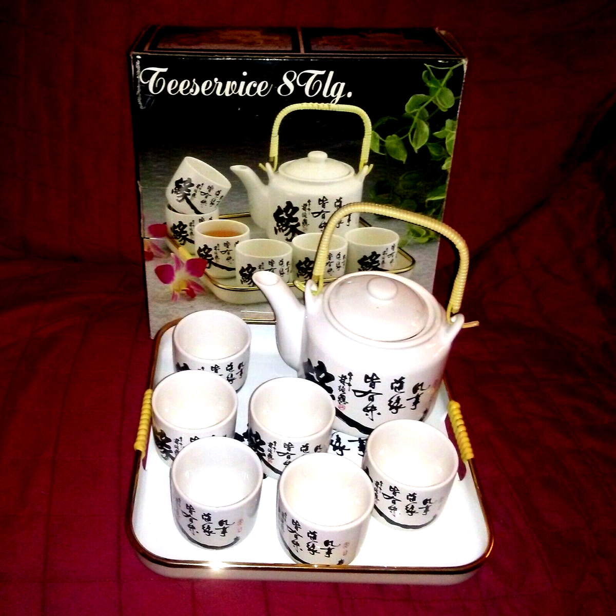 Asian TEA SERVICE 9pc Set Black White Ceramic Teapot 6 Cups