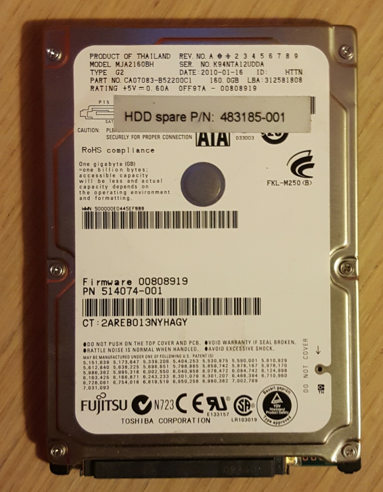 HDD033 Fujitsu MJA2160BH 160GB/Go 5.4K rpm 2.5 SATA
