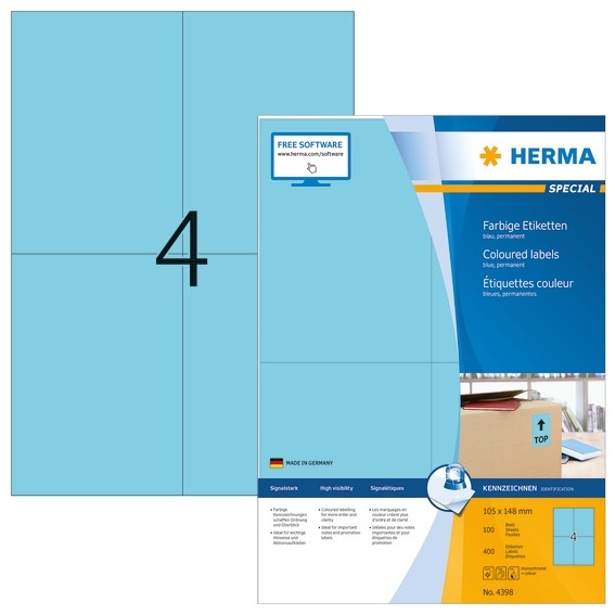 Herma 4398 Farbige Etiketten A4 105X148 Mm Blau Papier Matt 400 St.-image