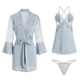 Women Sexy Lingerie Satin Lace Chemise Strap Slip Sleepwear Dress Robe Thong