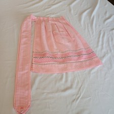 Vtg Hand Made Pink Gingham Check Smocked Half Apron w/ Pocket Embroidered MCM