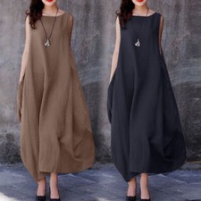 Summer Women Crew Neck Sleeveless Sundress Tank A-line Dress Maxi Loose Casual