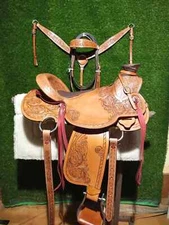 15" Western Equestrian Trail Roping Horse Leather Saddle Wade Tree .