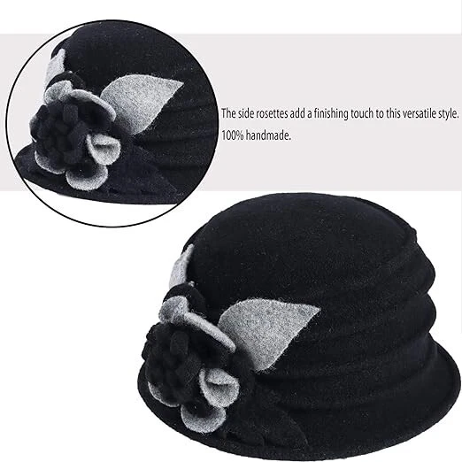 Vestido de lana floral vintage para mujer Cloche sombrero de invierno años 20 Foto 3 de 4