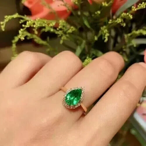 2Ct Pear Cut Lab Created Emerald Engagement Women's Ring 14k Yellow Gold Plated - Picture 2 of 7