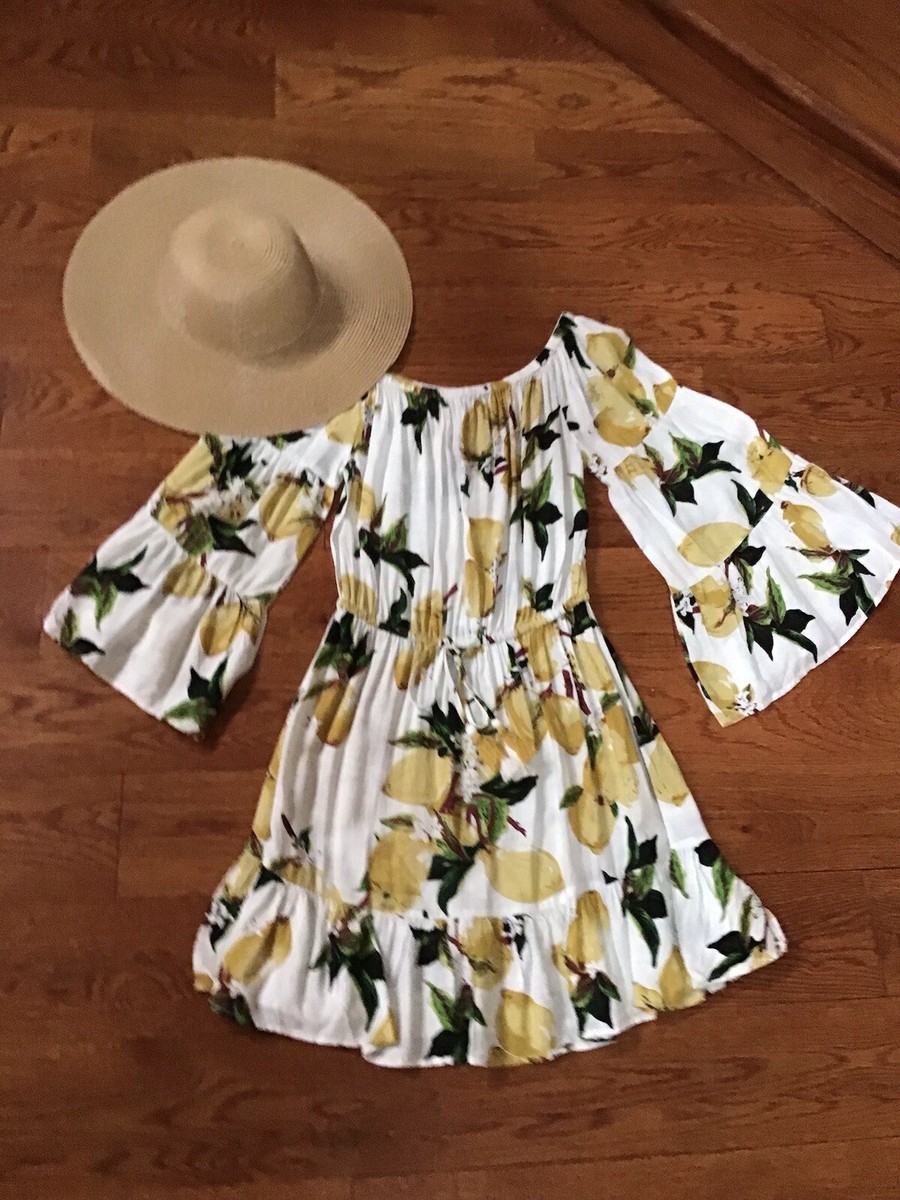 lemon print off the shoulder dress Womens Blue Island Lemon Print Drawstring Off Shoulder Dress/Cover-up Size  XS