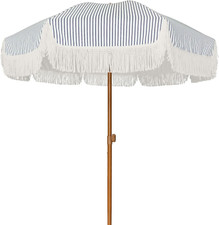 Navy Blue Striped 7Ft Patio Umbrella with Fringe Push Button Tilt