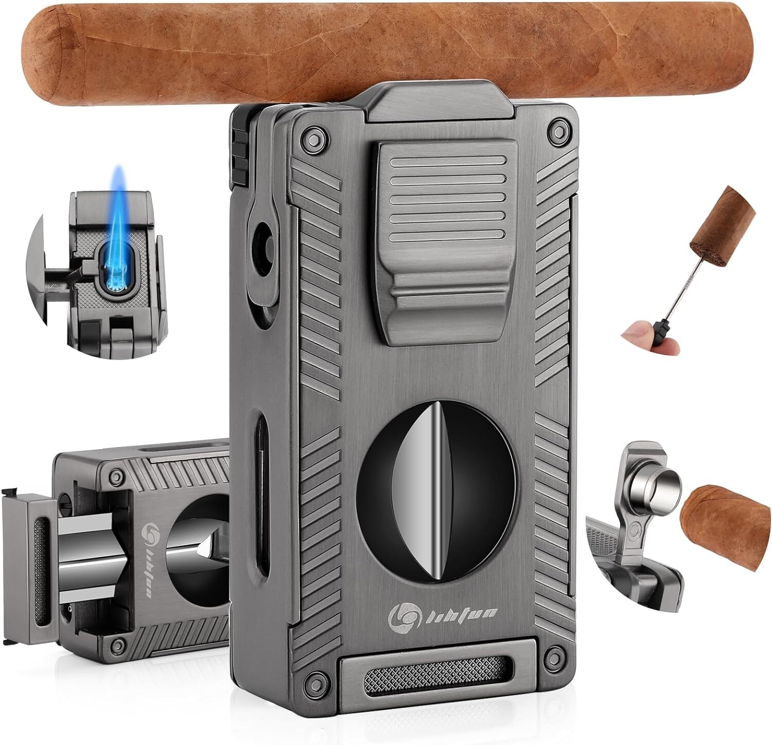 , All-in-1 Cigars Lighter Built-in Holder , Double Jet Flame