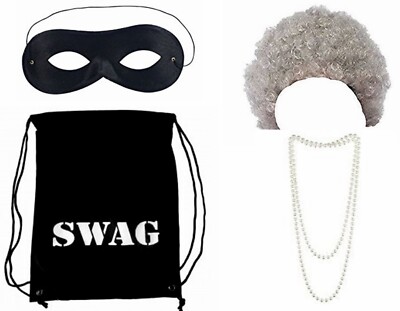 Kinder Gangsta Oma grau lockig Perücke schwarz Swag Bag Perlen Augenmaske 