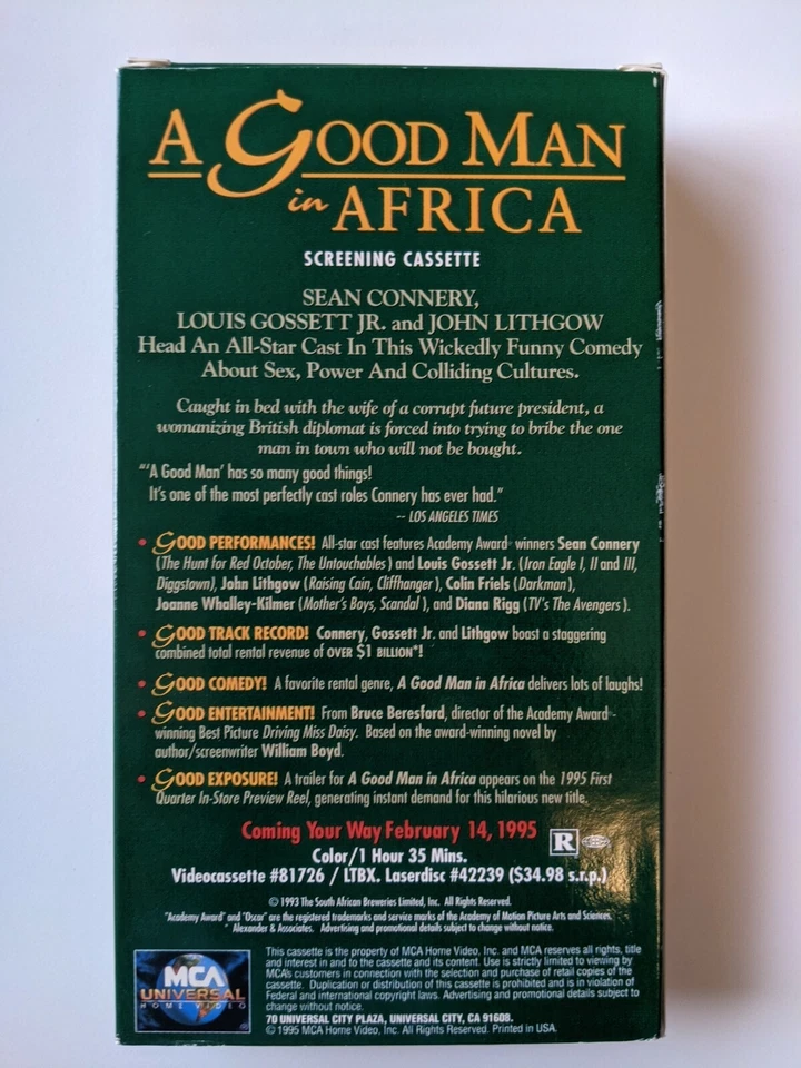 A Good Man In Africa (VHS) RARE DEALER SCREENER SEAN CONNERY COMEDY *TESTED!* Foto 2 de 4