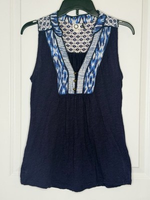 Anthropologie Akemi + Kin Blue Ikat Embroidered Mixed Pattern Sleeveless Top