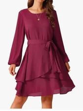 Seta T Fall Dresses Round Neck Long Sleeve Waist Tie Ruffle Mini Swing Skater