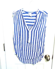 Women's Sleeveless Blouse Blue White Stripe Button Top Shirt Size 2  #1