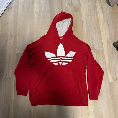 adidas Boys Red/White Trefoil Logo Pullover Hoodie Size L Pockets