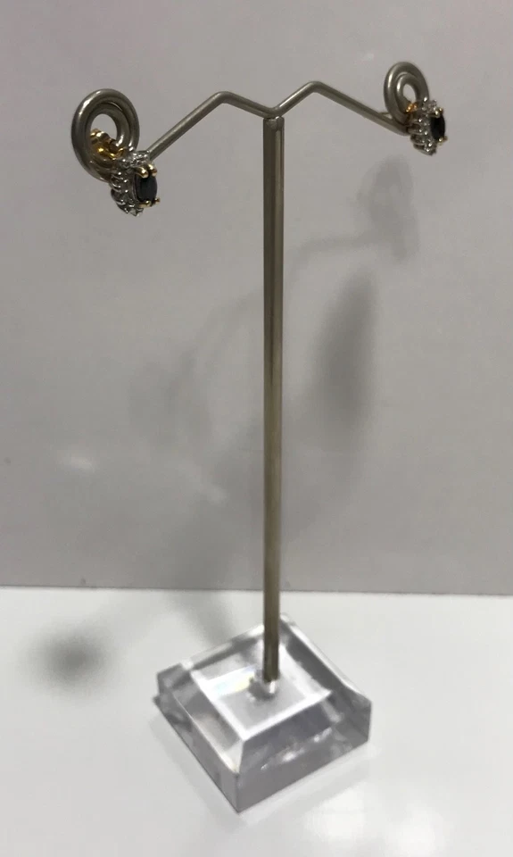 14K 双色金色侯爵夫人切割天然蓝色蓝宝石和钻石光环耳环 — 第 2/4 张图片