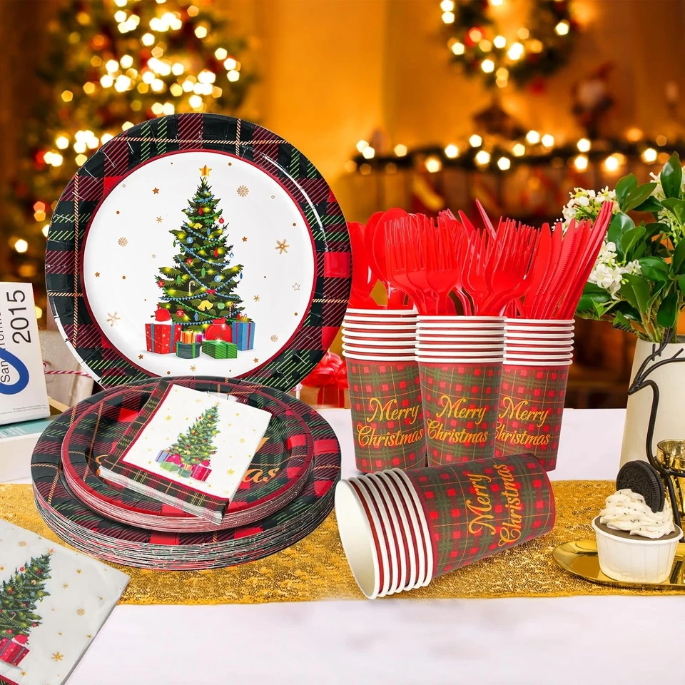 Juego de 175 piezas de vajilla de Navidad desechables platos y servilletas de papel navideño para Foto 4 de 4