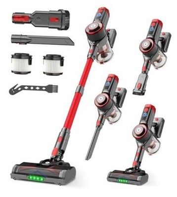 Cordless Vacuum Cleaner, 650W, 55KPa Powerful Stick Vacuum, 70-Min Red & Black