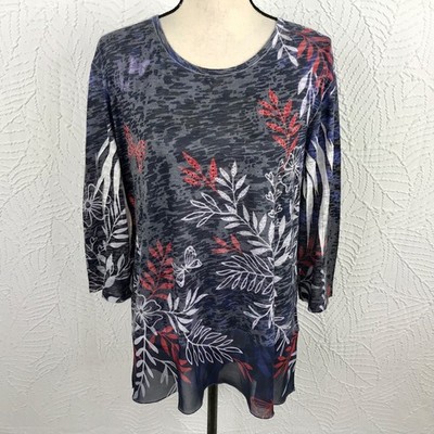 Jess & Jane Floral Tunic Top Shirt Size L 3/4 Sleeve Burnout Bling Sublimated