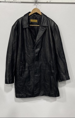Andrew Fezza Fusion Mens Black Leather Long Sleeve Trench Coat Size 48L