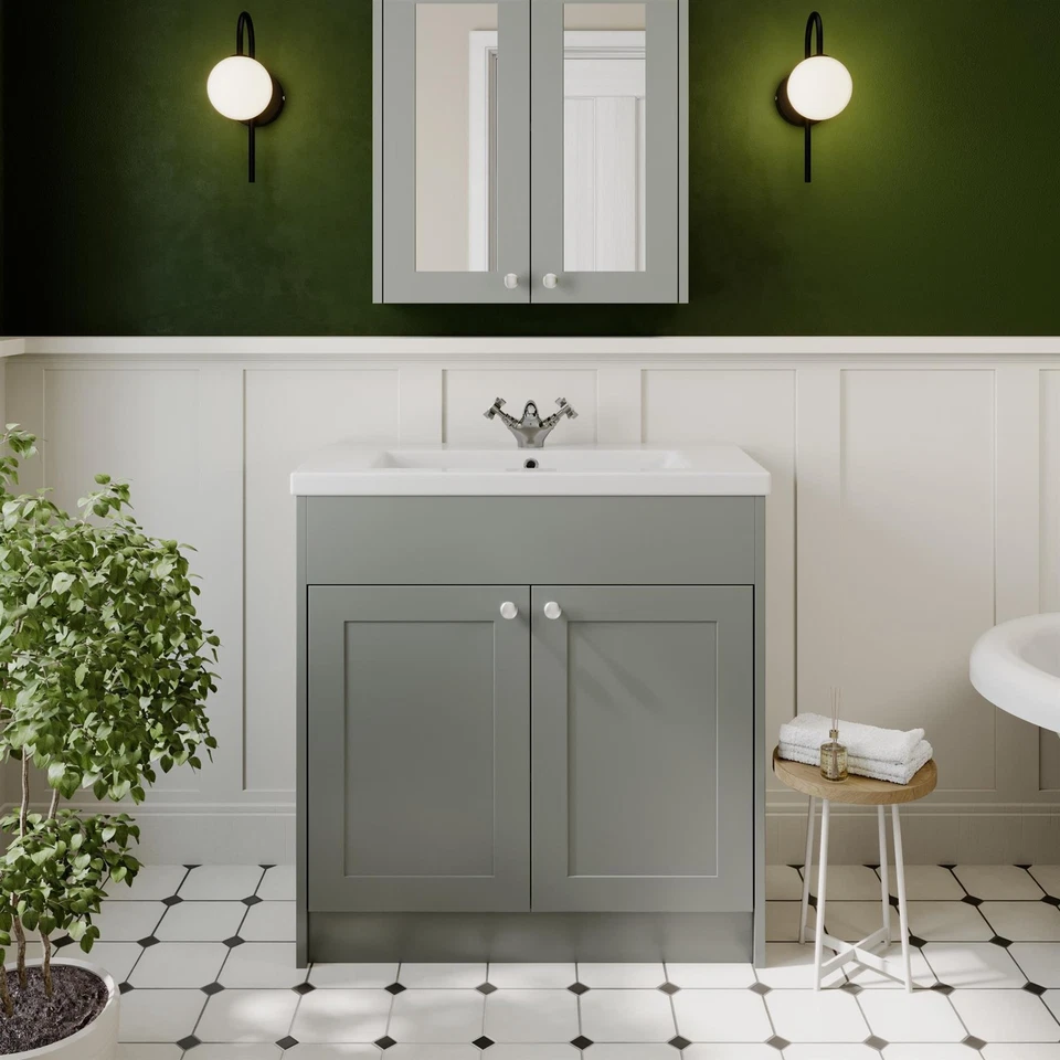 800mm Bathroom Vanity Unit Basin Sink Storage Cabinet Furniture Grey Traditional - Image 2 of 4