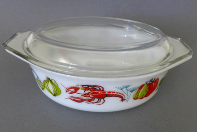 Pyrex Auflaufform oval Hummer JAJ Pair Lobster England 1960er Vintage 1,5 l