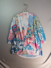Chicos Cardigan Sweater Womens 2 Large L Multicolor Mixed Ikat Patchwork Open