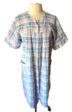 Miss Elaine L Seersucker Knee Length Housecoat Robe Snap Front Blue/Pink/White