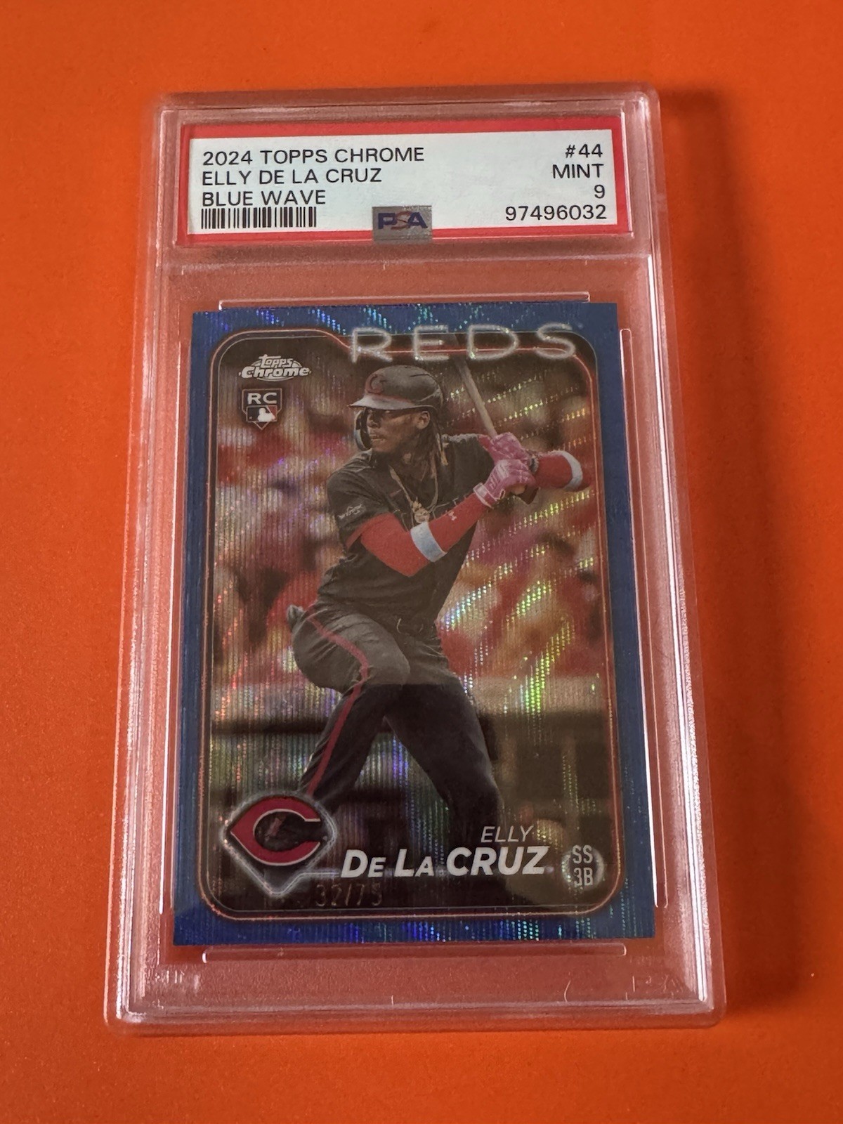 2024 Topps Chrome Elly de la Cruz #44  BLUE WAVE 32 /75 ROOKIE RC Reds PSA 9 view 2