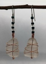 Boho style sea worn beach glass earrings wrapped with copper wire and seed beads