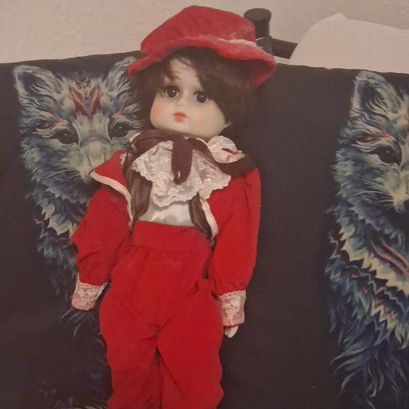 Doll Light Complexion, Brown Curly Hair, Red Outfit w/ Matching Hat