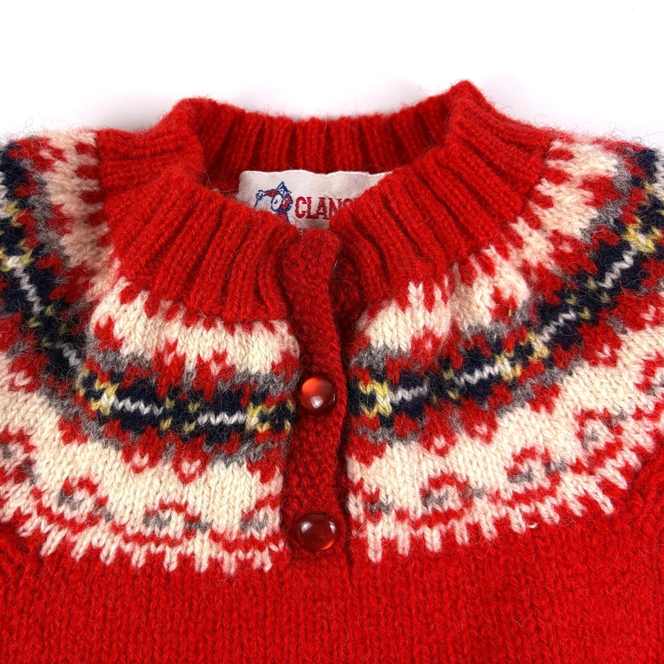 Винтажный Clansman 100% Шетландская шерсть детский свитер 10/30 красный темно-синий Fair Isle - Изображение 2 из 4