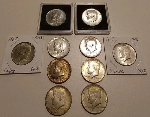 10 Kennedy Half Dollars 40% Silver Circulated And UNC Mixed 1.479 Troy Oz ASW