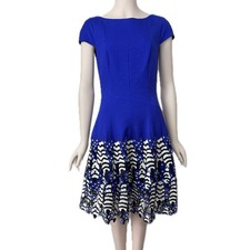 Talbot Runhof Dress Embroidered Appliqué Floral Blue Embellished Flared Size 6