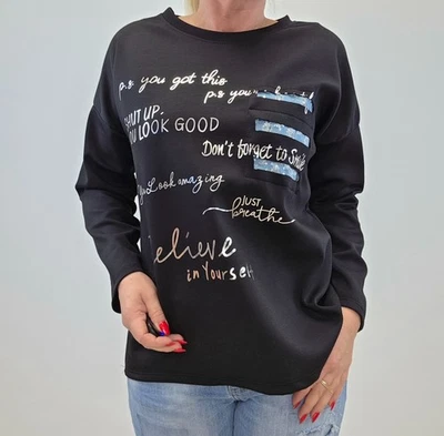 Damen Langarmshirt Casual Jeans-Applikation Silberschrift Größe 38 40 42 Schwarz - Bild 1 von 4