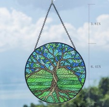 Tree of Life Stained Glass Suncatcher Window Hanging Round Decor Panel 6.4  